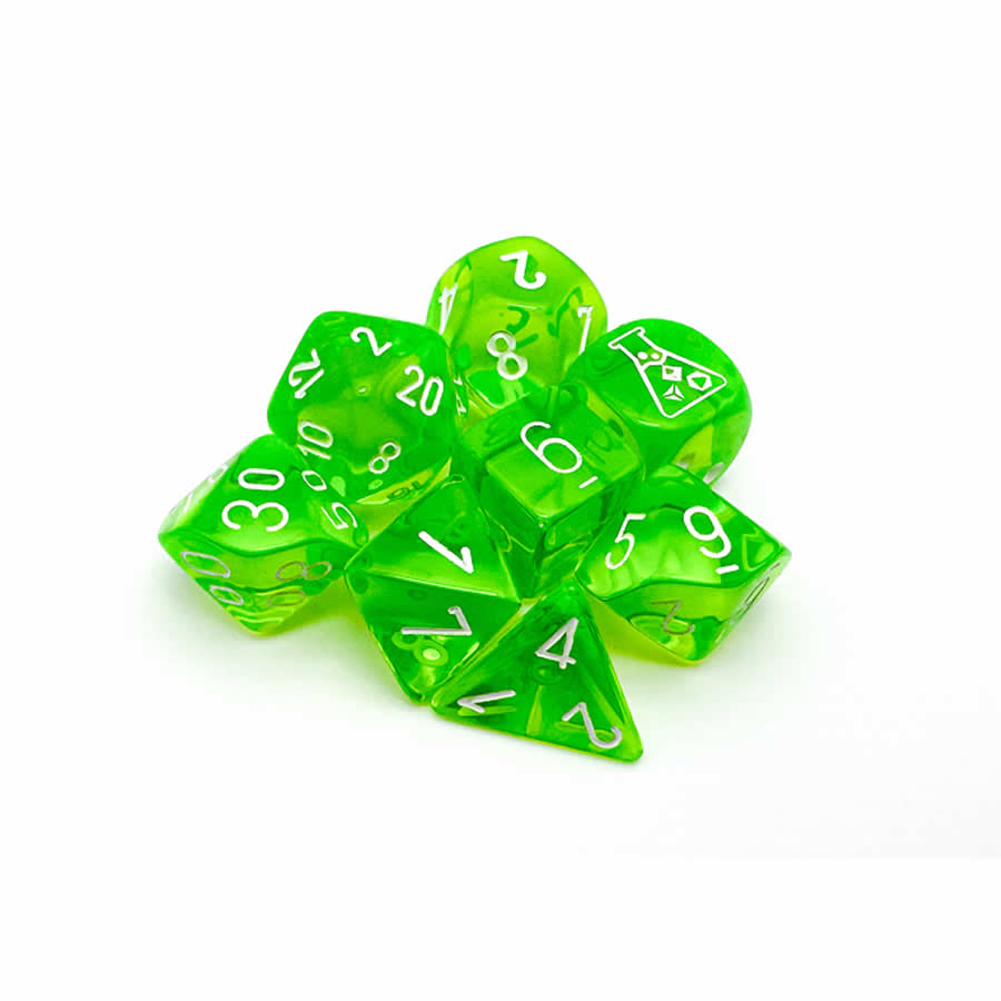 CHX30062 Rad Green Translucent Dice with White Numbers 7+1 Dice Set 16mm (5/8in) (ONLINE ORDER ONLY)