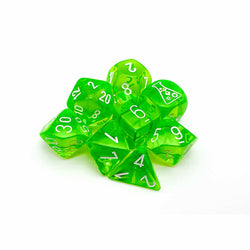 CHX30062 Rad Green Translucent Dice with White Numbers 7+1 Dice Set 16mm (5/8in) (ONLINE ORDER ONLY)