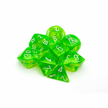 CHX30062 Rad Green Translucent Dice with White Numbers 7+1 Dice Set 16mm (5/8in) (ONLINE ORDER ONLY)