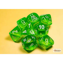 CHX30062 Rad Green Translucent Dice with White Numbers 7+1 Dice Set 16mm (5/8in) (ONLINE ORDER ONLY)