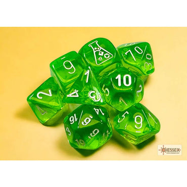 CHX30062 Rad Green Translucent Dice with White Numbers 7+1 Dice Set 16mm (5/8in) (ONLINE ORDER ONLY)