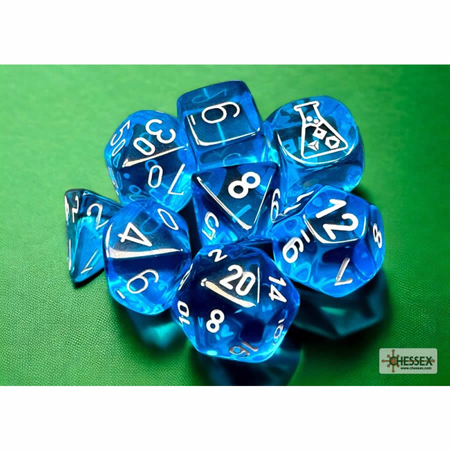 CHX30063 Tropical Blue Translucent Dice with White Numbers 7+1 Dice Set 16mm (5/8in) (ONLINE ORDER ONLY)
