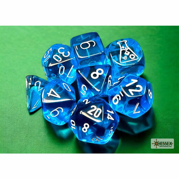 CHX30063 Tropical Blue Translucent Dice with White Numbers 7+1 Dice Set 16mm (5/8in) (ONLINE ORDER ONLY)