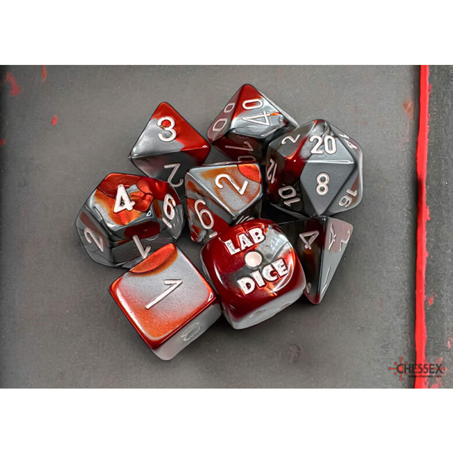 CHX30066 Gemini Red and Steel with White Numbers 7+1 Dice Set 16mm (5/8in) (ONLINE ORDER ONLY)