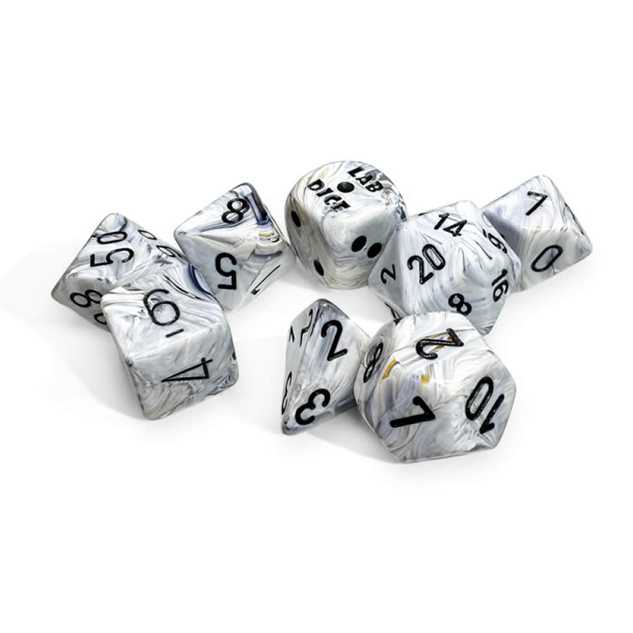 CHX30067 Marble Calcite with Black Numbers 7+1 Dice Set 16mm (5/8in) (ONLINE ORDER ONLY)