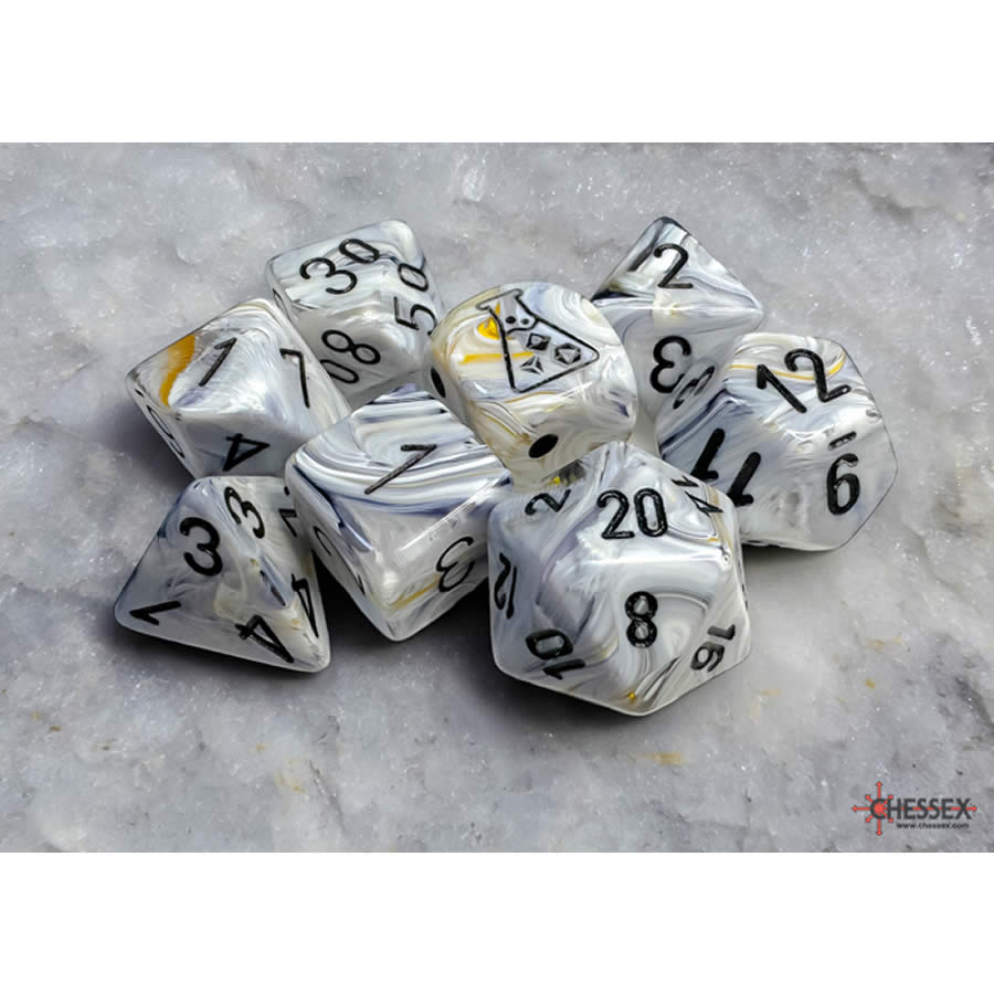CHX30067 Marble Calcite with Black Numbers 7+1 Dice Set 16mm (5/8in) (ONLINE ORDER ONLY)
