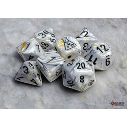 CHX30067 Marble Calcite with Black Numbers 7+1 Dice Set 16mm (5/8in) (ONLINE ORDER ONLY)