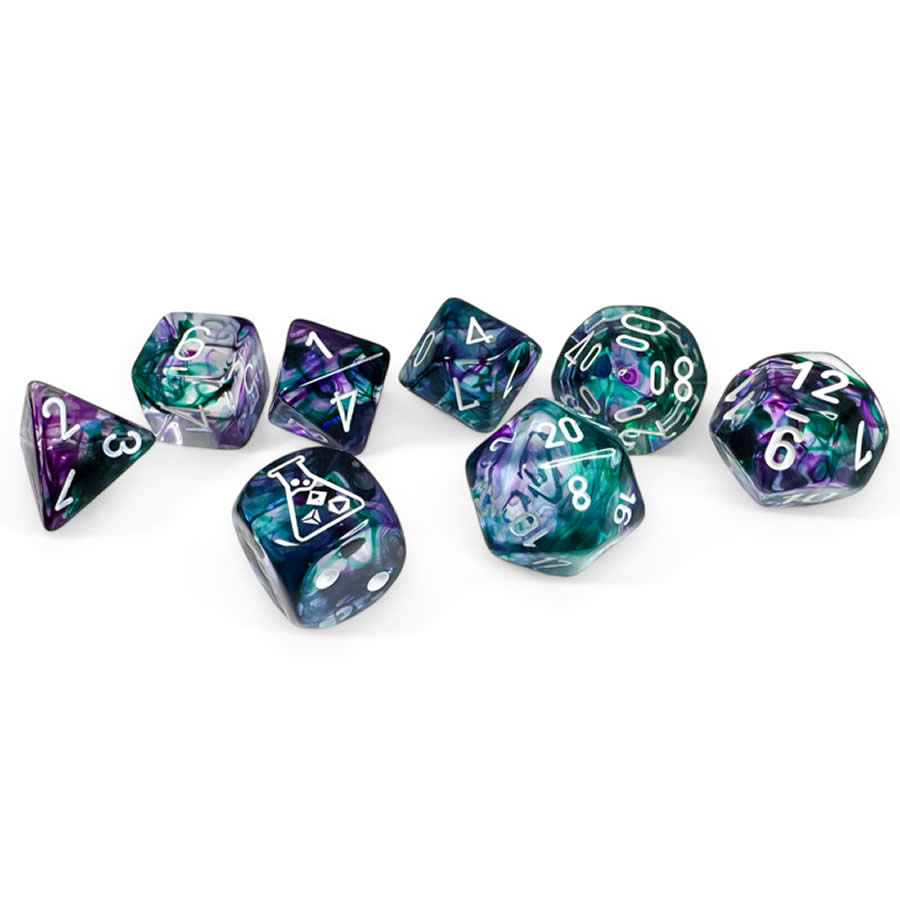 CHX30068 Nebula Fluorite with White Numbers 7+1 Dice Set 16mm (5/8in) (ONLINE ORDER ONLY)