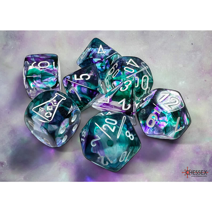 CHX30068 Nebula Fluorite with White Numbers 7+1 Dice Set 16mm (5/8in) (ONLINE ORDER ONLY)