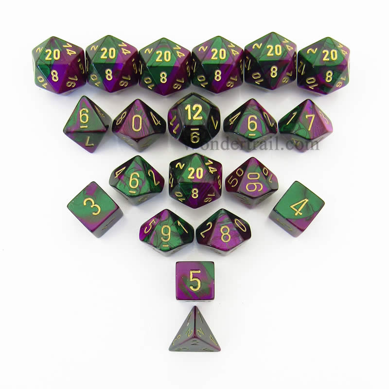 CHXLE827 Green Purple Gemini Dice Gold Numbers 16mm (5/8in) Pack of 20 (ONLINE ORDER ONLY)