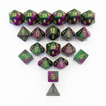 CHXLE827 Green Purple Gemini Dice Gold Numbers 16mm (5/8in) Pack of 20 (ONLINE ORDER ONLY)