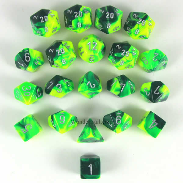 CHXLE875 Green Yellow Gemini Dice Silver Numbers 16mm Pack of 20 (ONLINE ORDER ONLY)