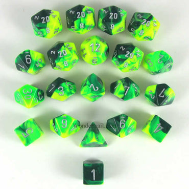 CHXLE875 Green Yellow Gemini Dice Silver Numbers 16mm Pack of 20 (ONLINE ORDER ONLY)