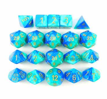 CHXLE890 Blue Teal Gemini Dice Gold Numbers 16mm (5/8in) Pack of 20 (ONLINE ORDER ONLY)