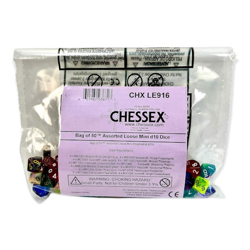 CHXLE916 Assorted Mini Dice with Numbers D10 10mm (3/8in) Pack of 50 (ONLINE ORDER ONLY)