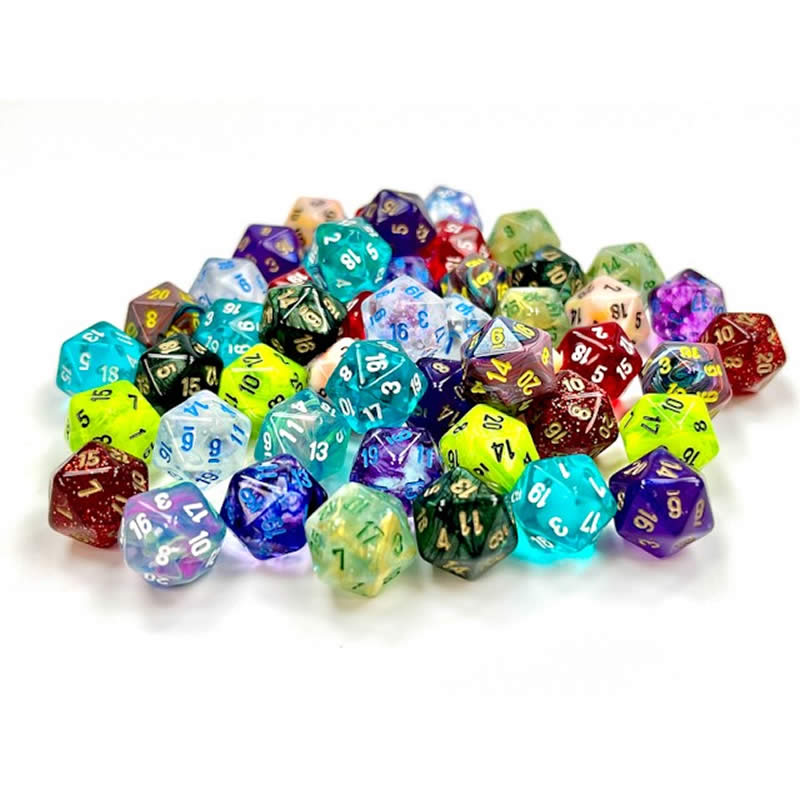 CHXLE917 Assorted Mini Dice with Numbers D20 10mm (3/8in) Pack of 50 (ONLINE ORDER ONLY)