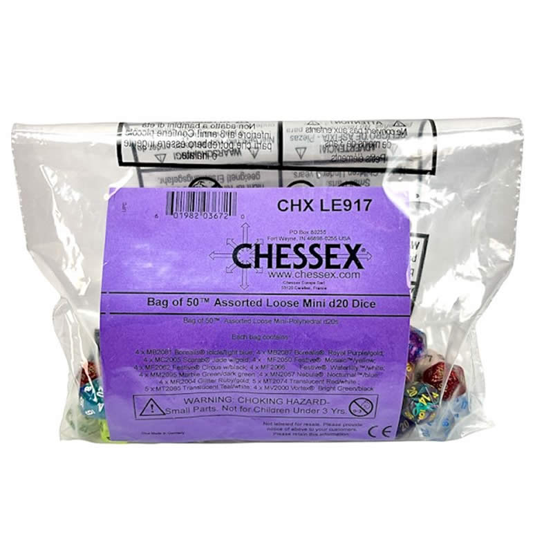 CHXLE917 Assorted Mini Dice with Numbers D20 10mm (3/8in) Pack of 50 (ONLINE ORDER ONLY)