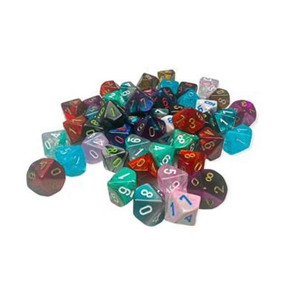 CHXLE918  Assorted Mini Dice No 2 with Numbers D10 10mm (3/8in) Pack of 50 Chessex (ONLINE ORDER ONLY)