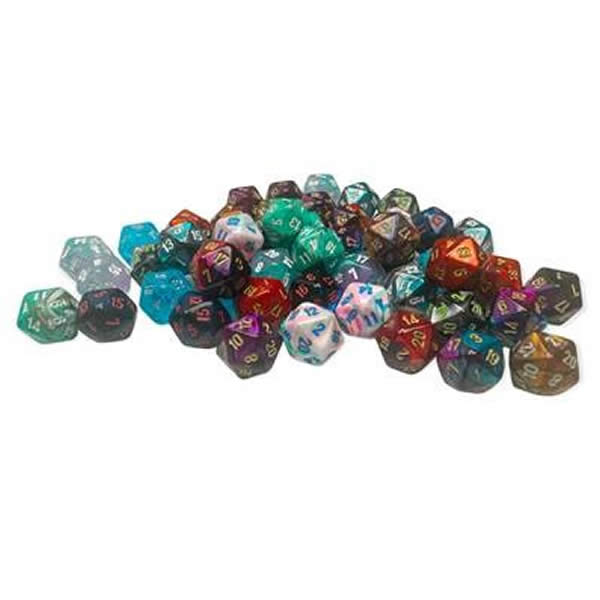 CHXLE919  Assorted Mini Dice No 2 with Numbers D20 10mm (3/8in) Pack of 50 (ONLINE ORDER ONLY)