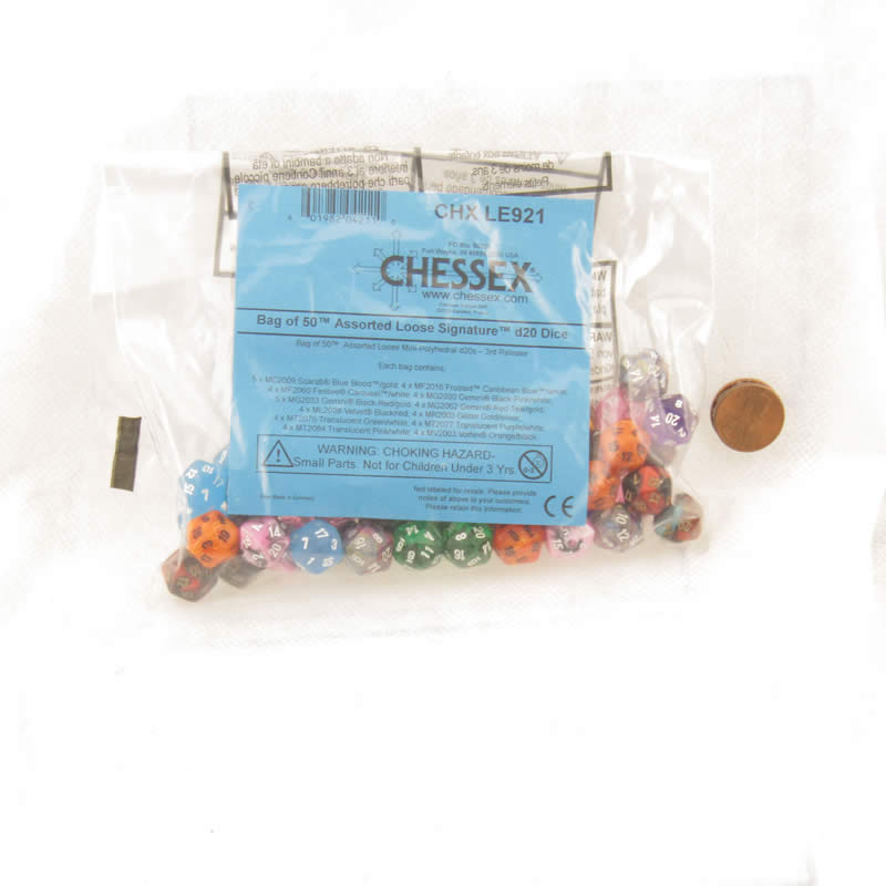 CHXLE921 Assorted Mini Dice No 3 with Numbers D20 10mm (3/8in) Pack of 50 (ONLINE ORDER ONLY)