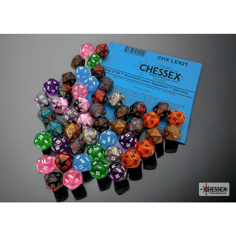 CHXLE921 Assorted Mini Dice No 3 with Numbers D20 10mm (3/8in) Pack of 50 (ONLINE ORDER ONLY)