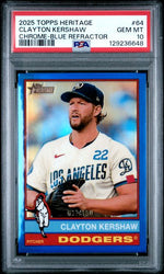 Graded 2025 Topps Heritage Clayton Kershaw #64 /150 Blue Refractor Baseball Card PSA 10 Gem Mint (ONLINE ORDER ONLY)