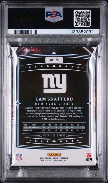 Graded 2025 Panini Origins Cam Skattebo #123 Rookie RC Football Card PSA 10 Gem Mint (ONLINE ORDER ONLY)