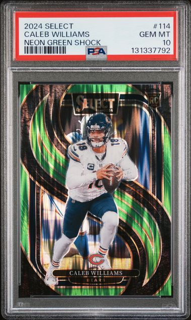 Graded 2024 Panini Select Caleb Williams #114 Neon Green Shock /499 Rookie RC Football Card PSA 10 Gem Mint (ONLINE ORDER ONLY)
