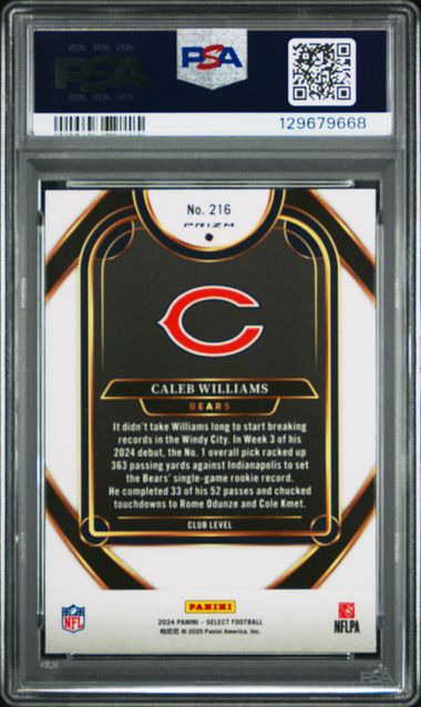 Graded 2024 Panini Select Caleb Williams #216 Red & Blue Shock Rookie RC Football Card PSA 10 Gem Mint (ONLINE ORDER ONLY)