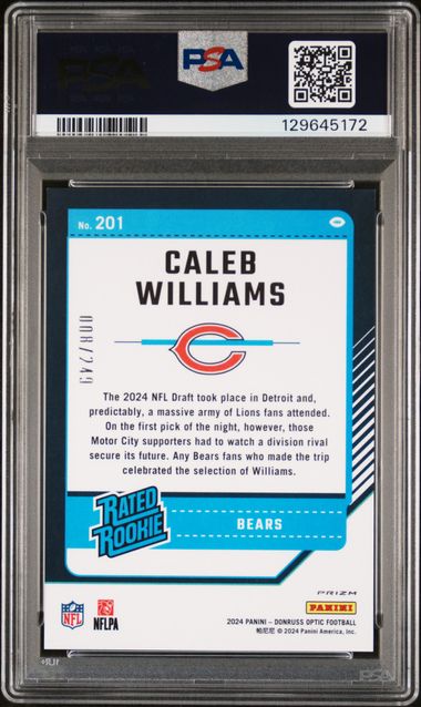 Graded 2024 Panini Donruss Optic Caleb Williams #201 /249 Orange Rookie RC Football Card PSA 10 Gem Mint (ONLINE ORDER ONLY)