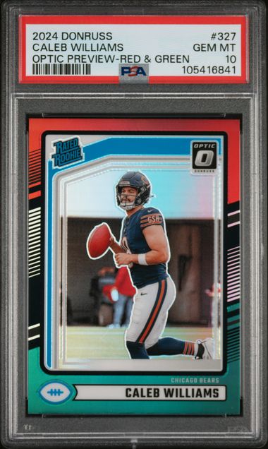 Graded 2024 Panini Donruss Caleb Williams #327 Optic Preview Red & Green Rookie RC Football Card PSA 10 Gem Mint (ONLINE ORDER ONLY)