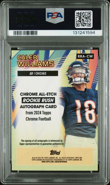 Graded 2024 Topps Chrome Caleb Williams #RRACW 75/75 All Etch Rookie Rush Yellow Refractor Rookie RC Football Card PSA 10 Auto Gem Mint (ONLINE ORDER ONLY)