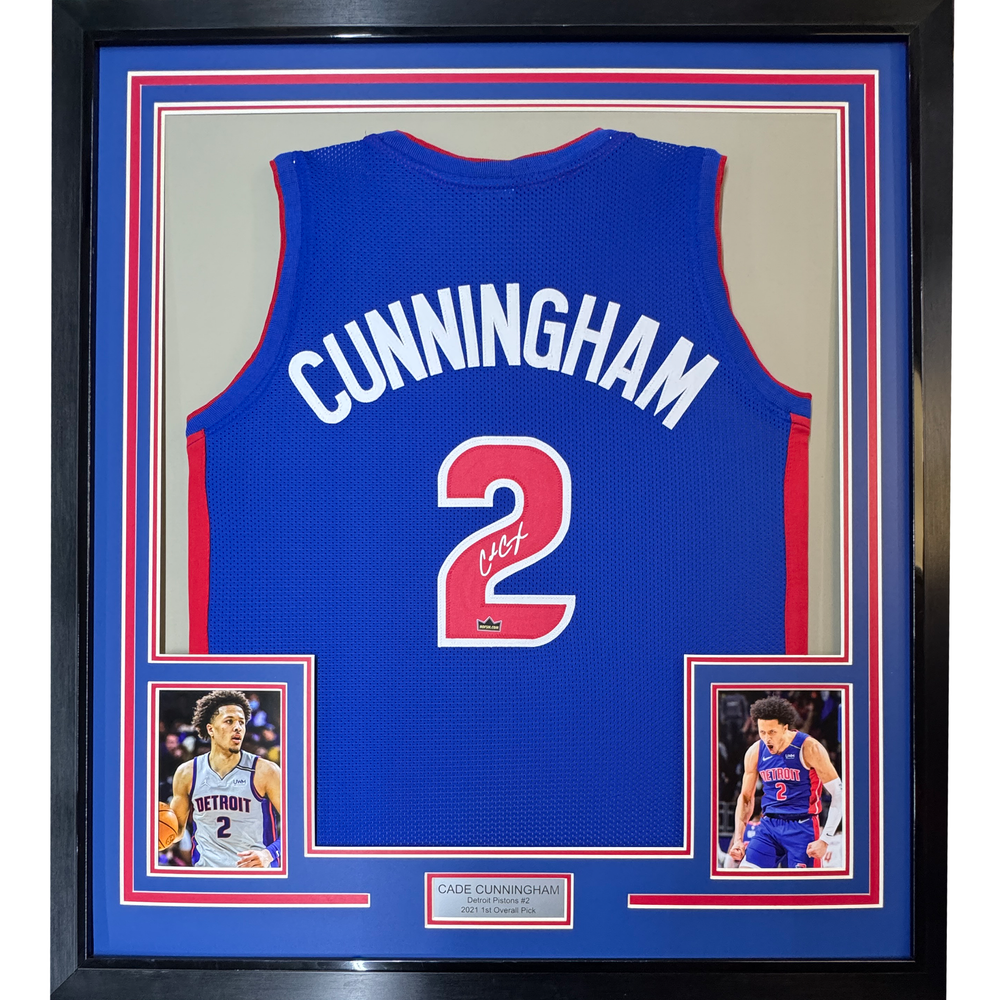 Framed Facsimile Autographed Cade Cunningham 35x39 Detroit Blue Reprint Laser Auto Basketball Jersey (ONLINE ORDER ONLY)