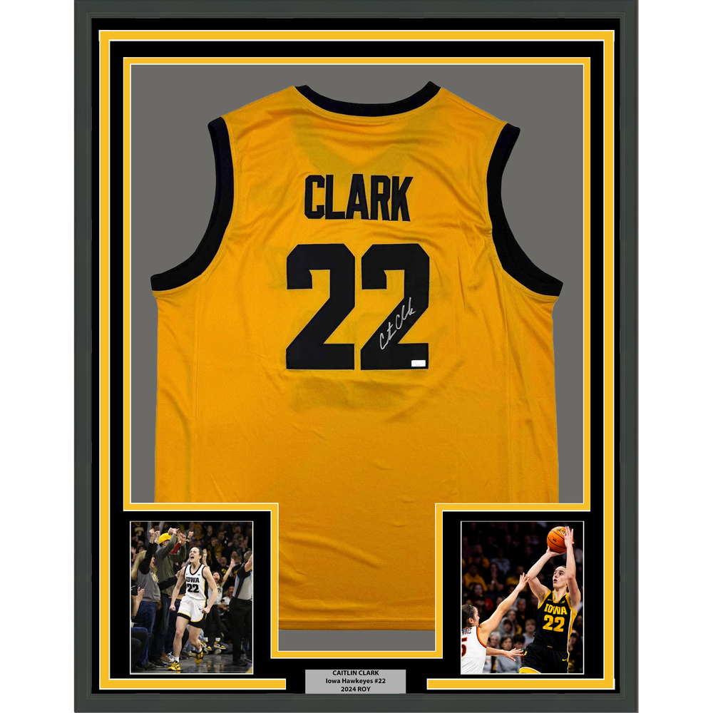 Framed Autographed/Signed Caitlin Clark 35x39 Iowa Yellow Basketball Jersey Panini COA (ONLINE ORDER ONLY)