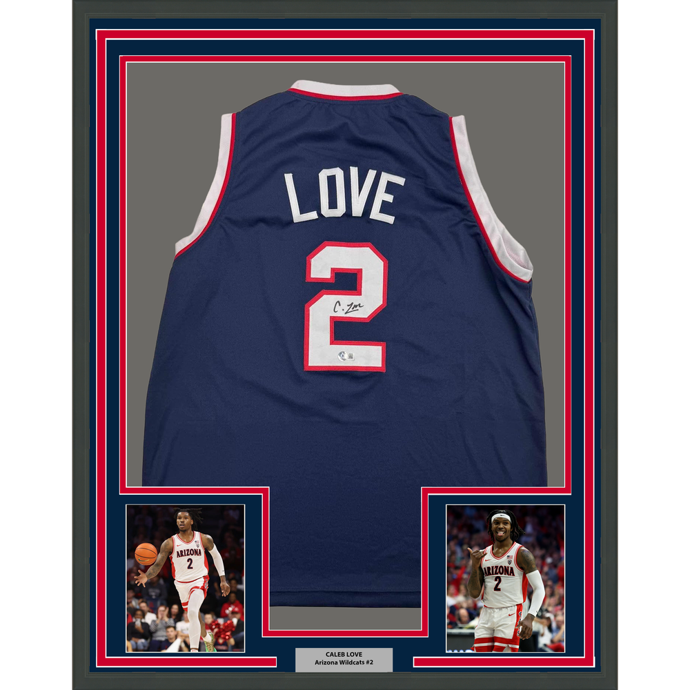 Framed Autographed/Signed Caleb Love 35x39 Arizona Blue College Basketball Jersey Beckett BAS COA