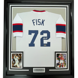 Framed Facsimile Autographed Carlton Fisk 35x39 Chicago White Retro Reprint Laser Auto Baseball Jersey (ONLINE ORDER ONLY)