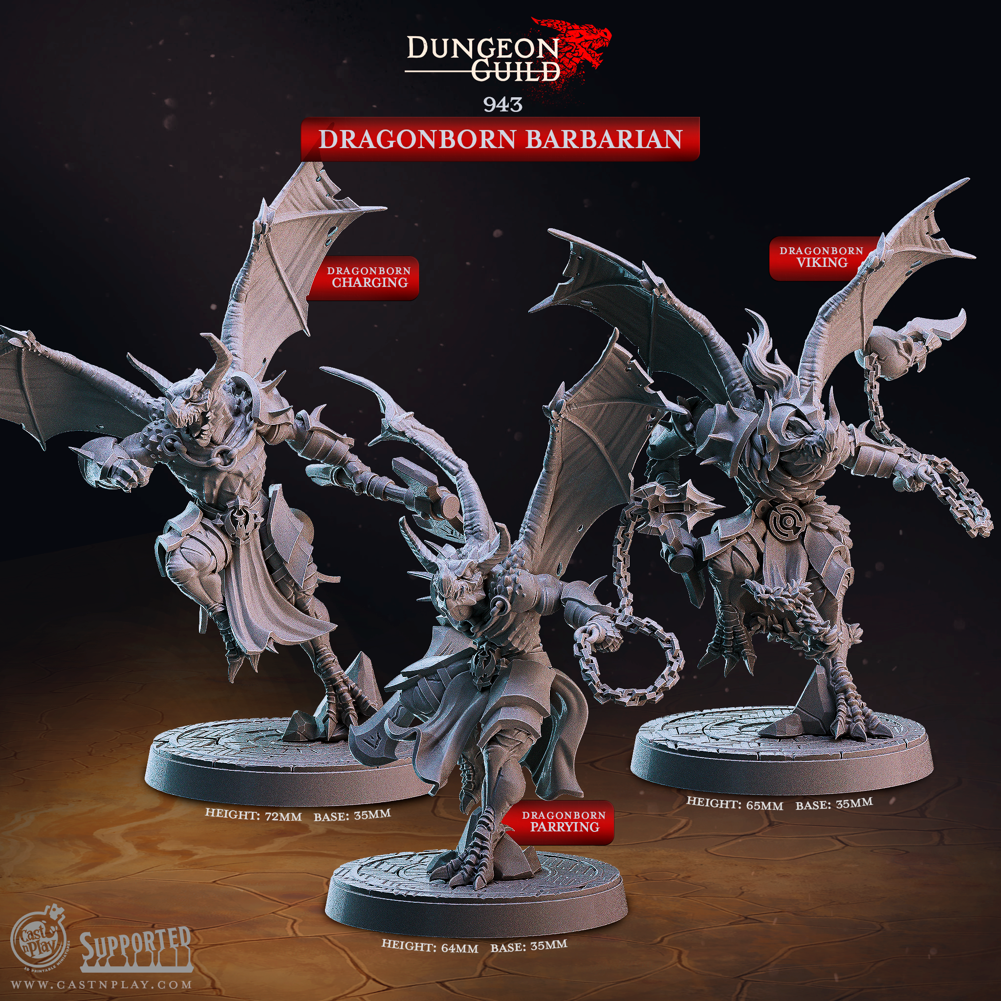3D Printed Cast n Play Dragonborn Barbarian Dungeon Guild Set 28mm 32mm D&D (Online Only)