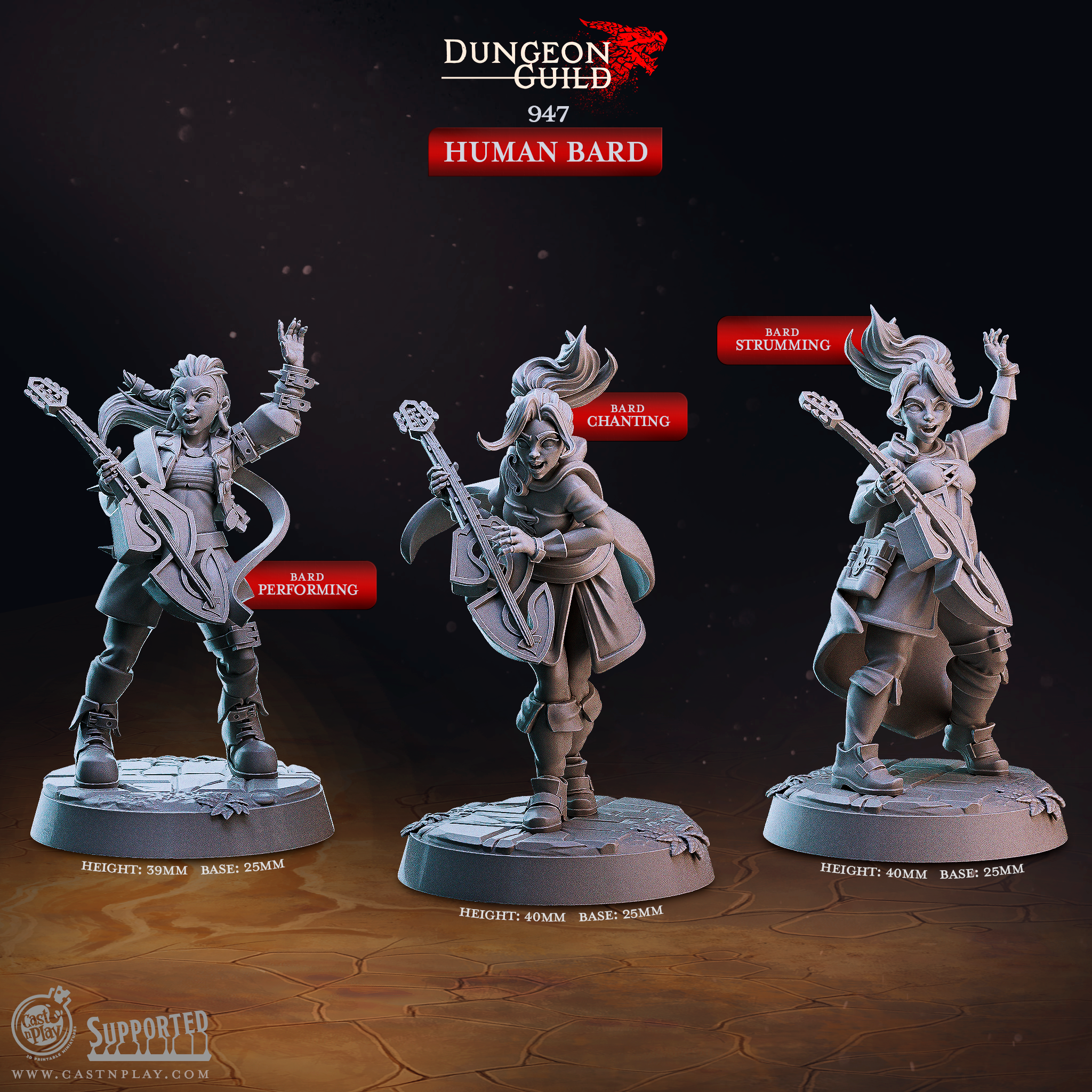 3D Printed Cast n Play Human Bard Dungeon Guild Set 28mm 32mm D&D (Online Only)