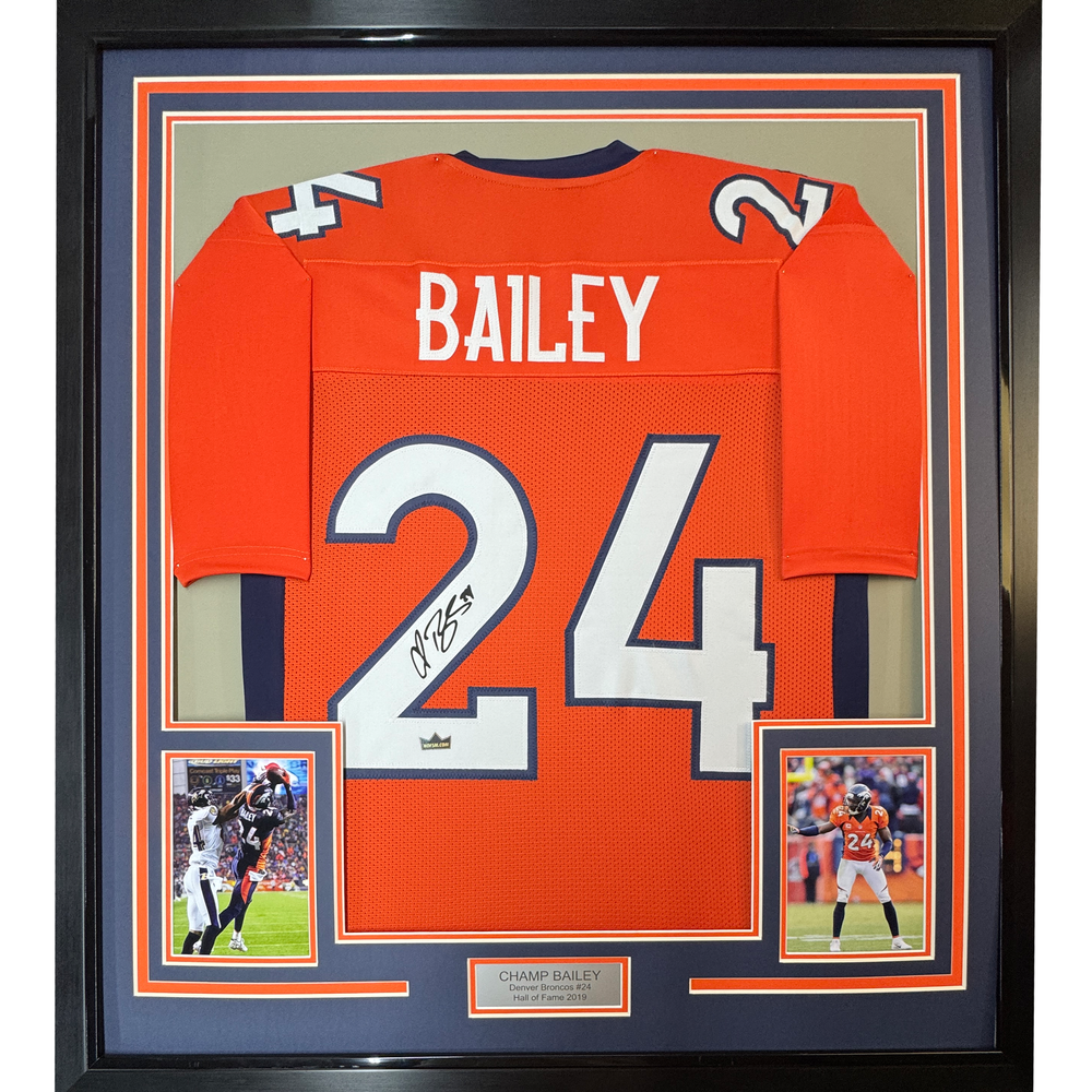 Framed Facsimile Autographed Champ Bailey 35x39 Denver Orange Reprint Laser Auto Football Jersey (ONLINE ORDER ONLY)