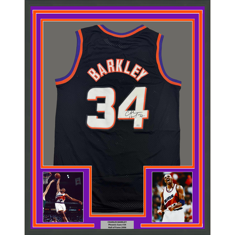 Framed Autographed/Signed Charles Barkley 35x39 Phoenix Black Basketball Jersey JSA COA