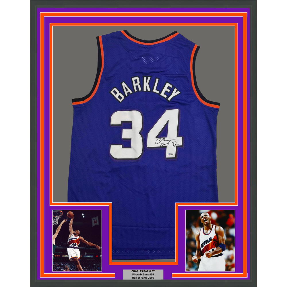 Framed Autographed/Signed Charles Barkley 35x39 Phoenix Purple Basketball Jersey Beckett BAS COA