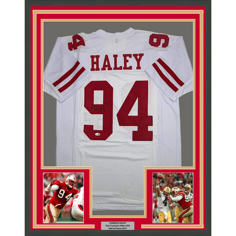 Framed Autographed/Signed Charles Haley 35x39 San Francisco White Football Jersey JSA COA