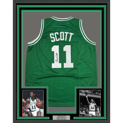 Framed Autographed/Signed Charlie Scott 35x39 Boston Green Basketball Jersey JSA COA