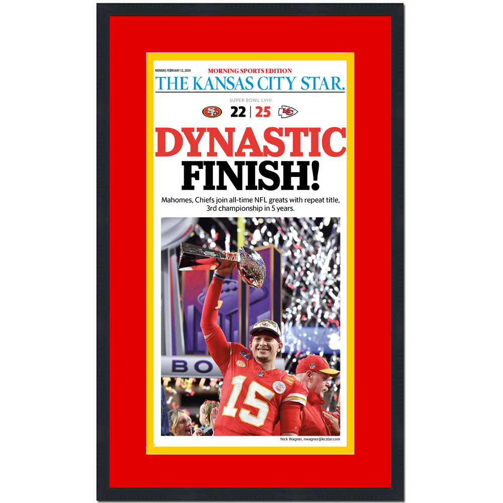 Framed Kansas City Star Chiefs Dynastic Finish Super Bowl LVIII 58 Champions 14x24 Football Newspaper Cover Photo Professionally Matted (ONLINE ORDER ONLY)