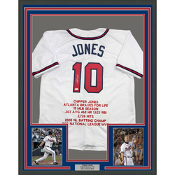 Framed Autographed/Signed Chipper Jones 35x39 Atlanta White Stat Baseball Jersey JSA COA