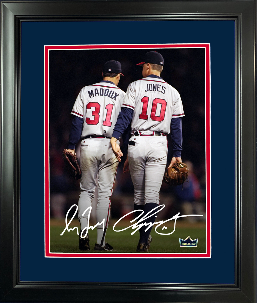Framed Chipper Jones & Greg Maddux Dual Facsimile Laser Engraved Signature Auto Atlanta Braves 11"x14" Baseball Photo HOFSM Holo (ONLINE ORDER ONLY)