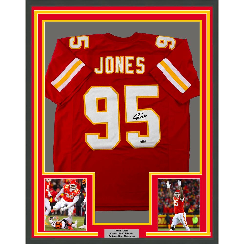 Framed Facsimile Autographed Chris Jones 35x39 Kansas City Red Reprint Laser Auto Football Jersey (ONLINE ORDER ONLY)