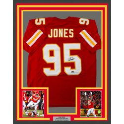 Framed Facsimile Autographed Chris Jones 35x39 Kansas City Red Reprint Laser Auto Football Jersey (ONLINE ORDER ONLY)
