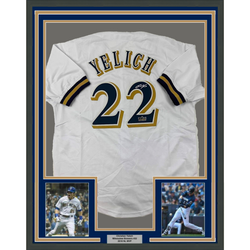 Framed Facsimile Autographed Christian Yelich 35x39 Milwaukee White Reprint Laser Auto Baseball Jersey (ONLINE ORDER ONLY)