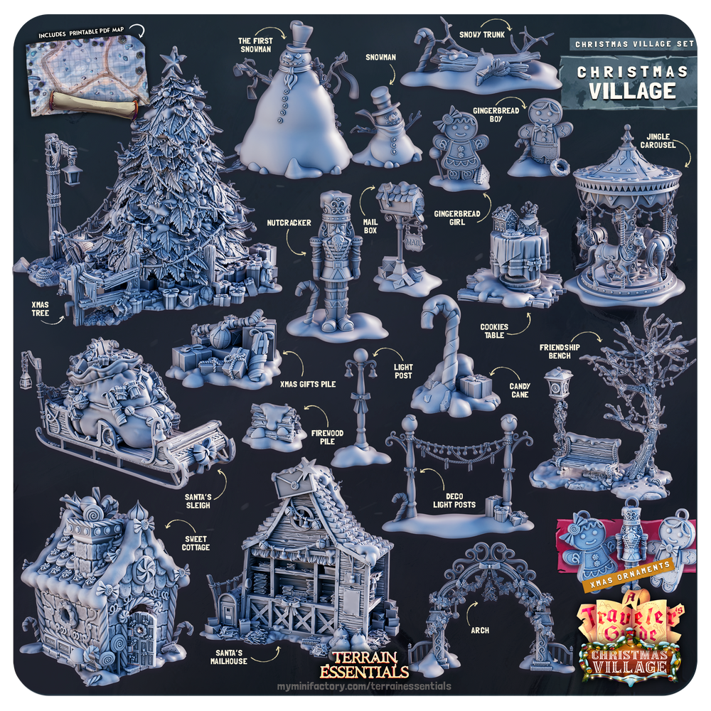 3D Printed Cast n Play Christmas Village Terrain Set 28mm 32mm D&D (Online Only)